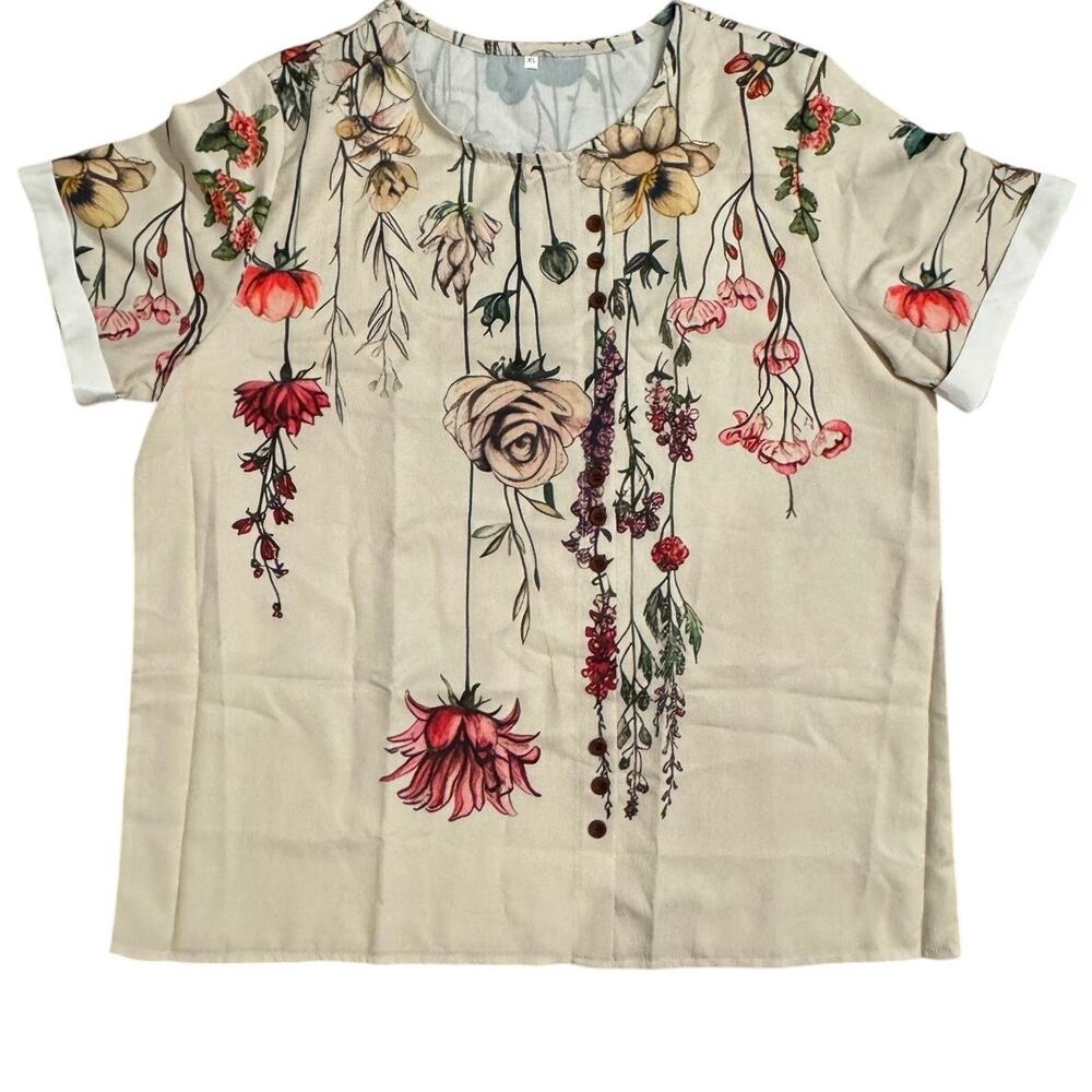 Floral Print Blouse Cream Short Sleeve Top 22” Pit to Pit 26” Long NWOT